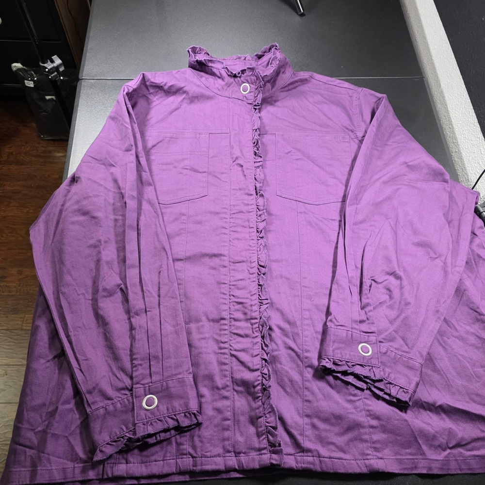 Ulla Popken Inspiration Purple Linen Blend Ruffle Trim Relaxed Jacket 32/34